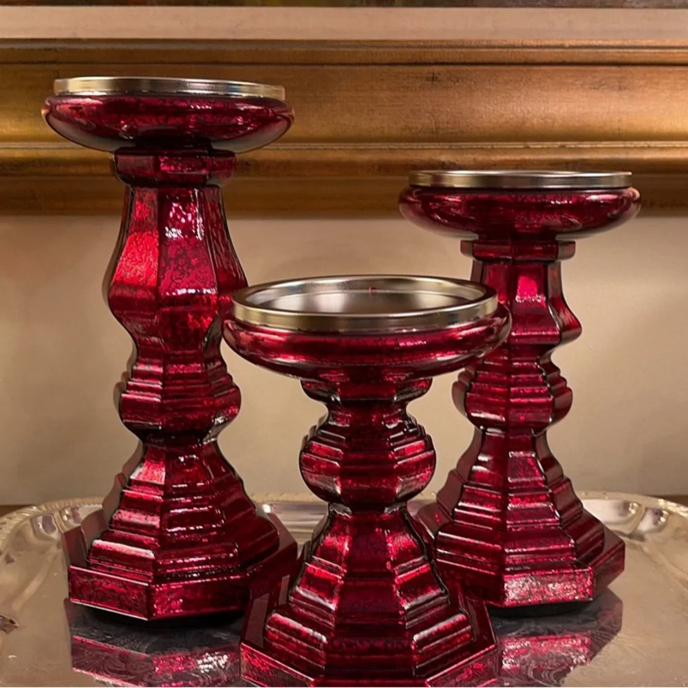 3 Valerie Parr Hill QVC Red Illuminated Candle Pedestals Mercury Glass Call Out